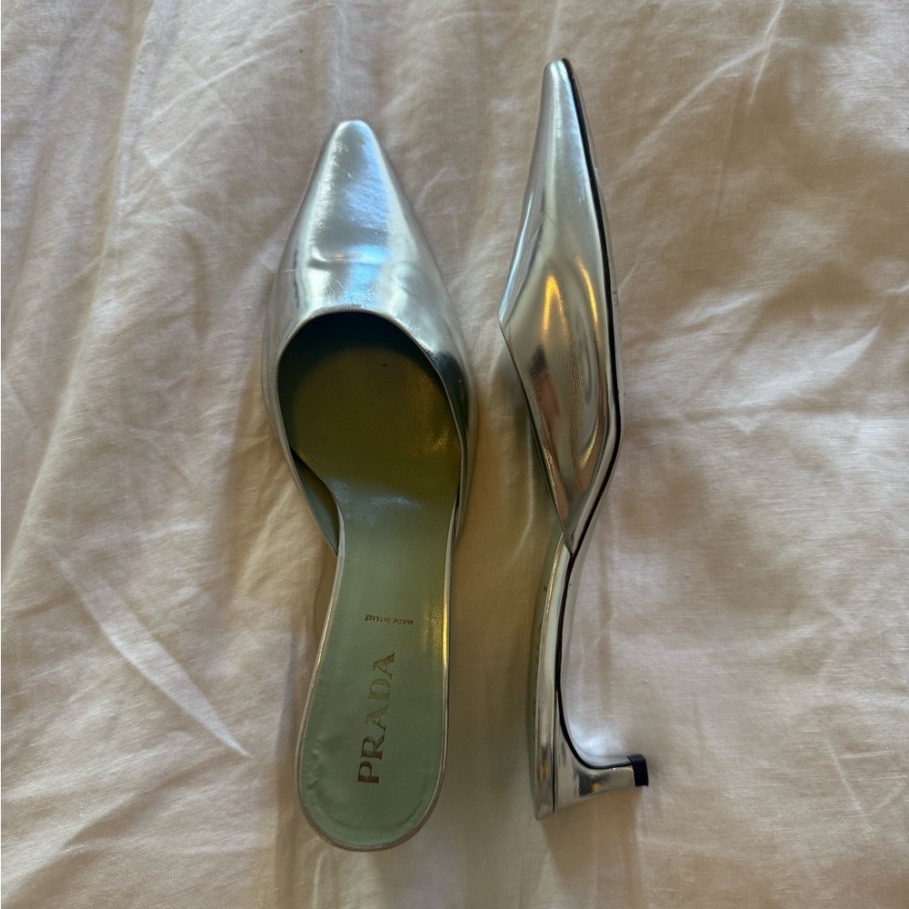 Vintage metallic silver Prada heeled mules